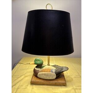 Vintage Ceramic Mallard Duck Lamp Decoy Wooden Base Table Desk Black Shade
